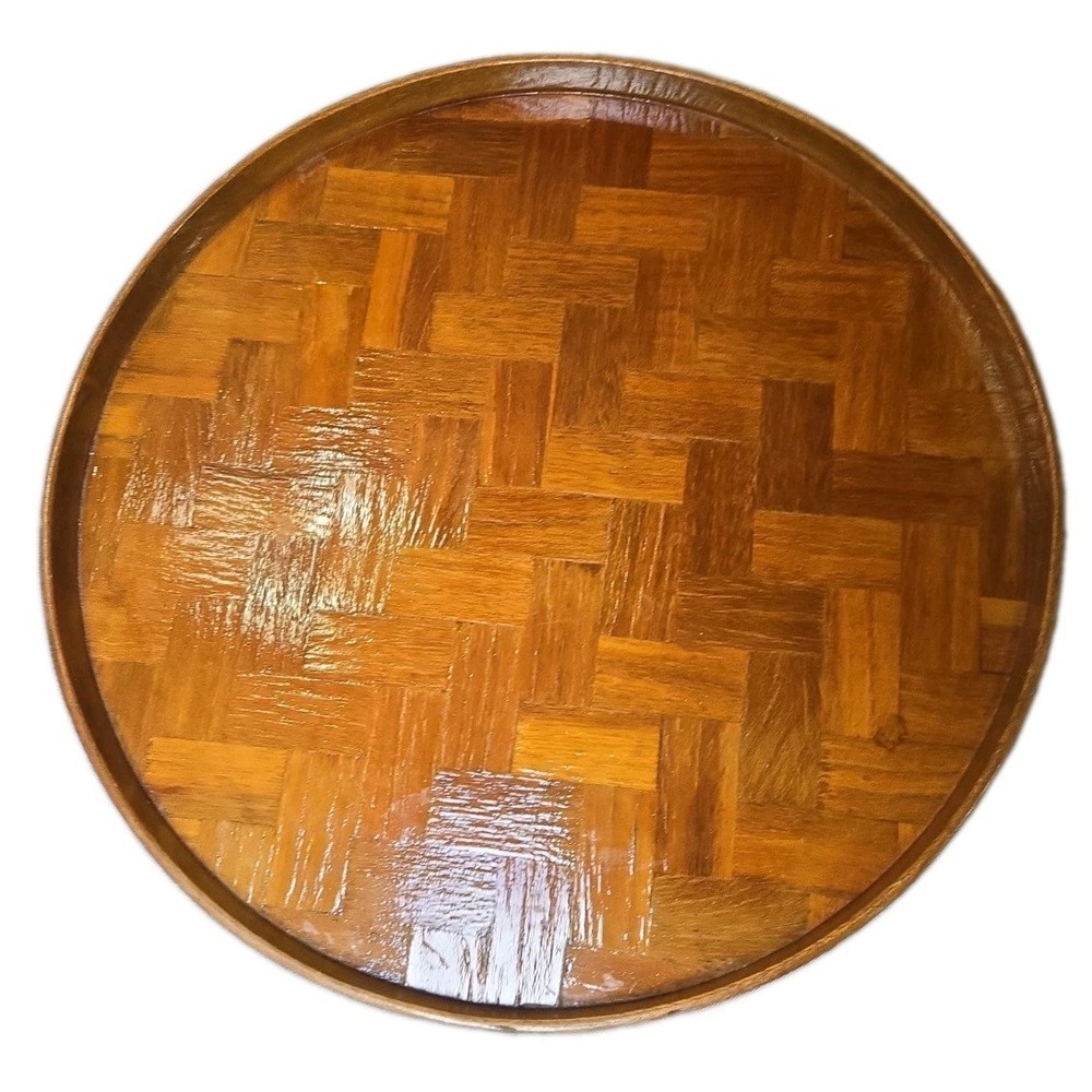 Vtg Mid Century Modern 14" Round Woven Wood Parquet Serving Tray Basketweave MCM